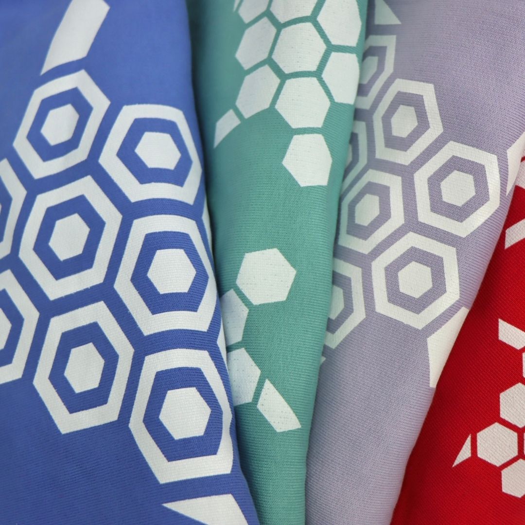 organic hoodies in bright blue, teal, lavender and red, showcasing striking turtle designs